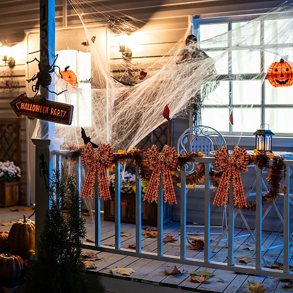 Buffalo Plaid Halloween Bow - Large Black & Orange Spider Web Bat Tree Topper - Gift Bows for Party & Home Decoration